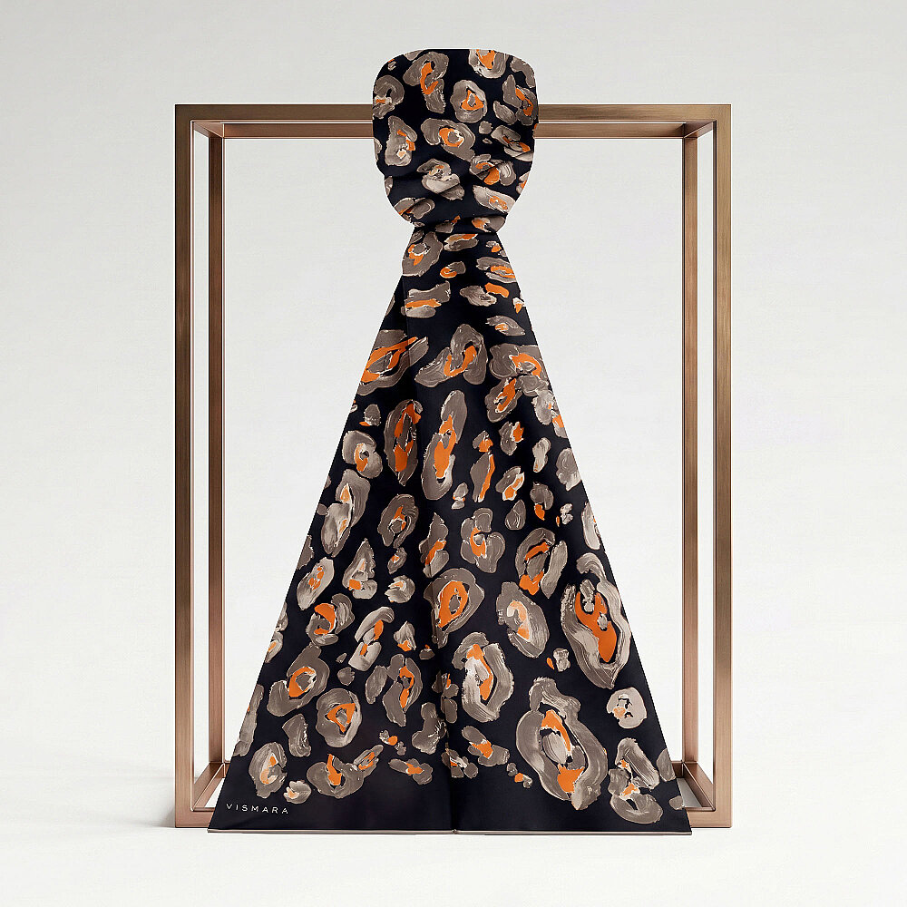 Black and Orange Classic Panther Pattern Silk Scarf - 1