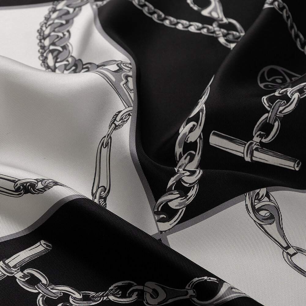 Black and White Vismara Chain Pattern Silk Square Scarf - 2