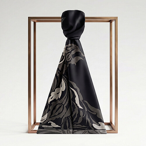 Black Anthracite Baroque Floral Patterned Silk Scarf