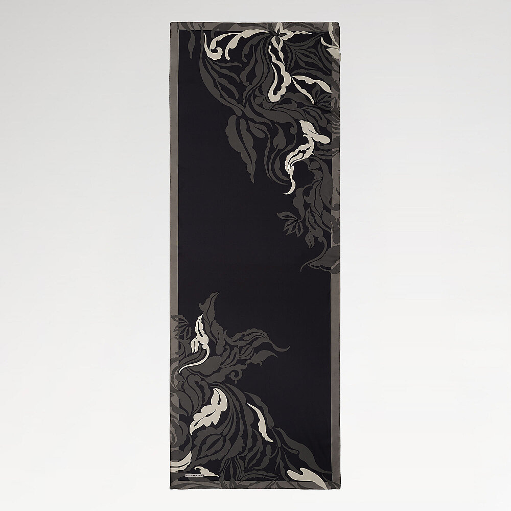 Black Anthracite Baroque Floral Patterned Silk Scarf - 2