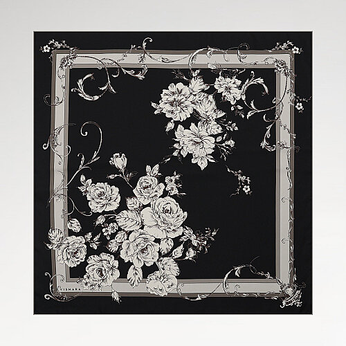 Black Baroque Rose Patterned Twill Silk Square Scarf