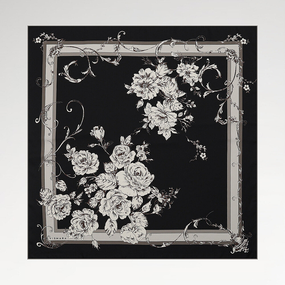Black Baroque Rose Patterned Twill Silk Square Scarf - 1