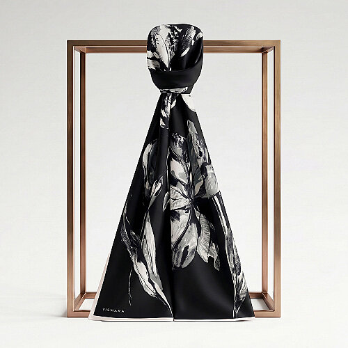 Black Charcoal Lily Patterned Silk Scarf