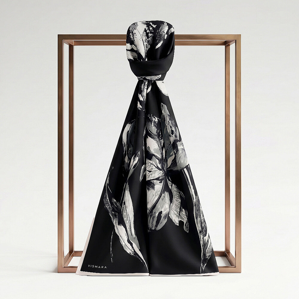 Black Charcoal Lily Patterned Silk Scarf - 1