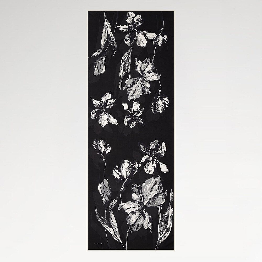 Black Charcoal Lily Patterned Silk Scarf - 2