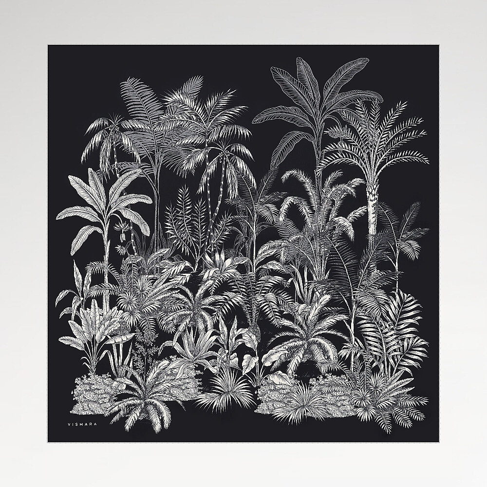 Black Exotic Oasis Patterned Twill Silk Square Scarf - 1