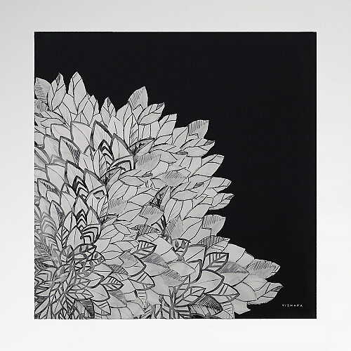 Black Floral Leaf Pattern Twill Silk Square Scarf