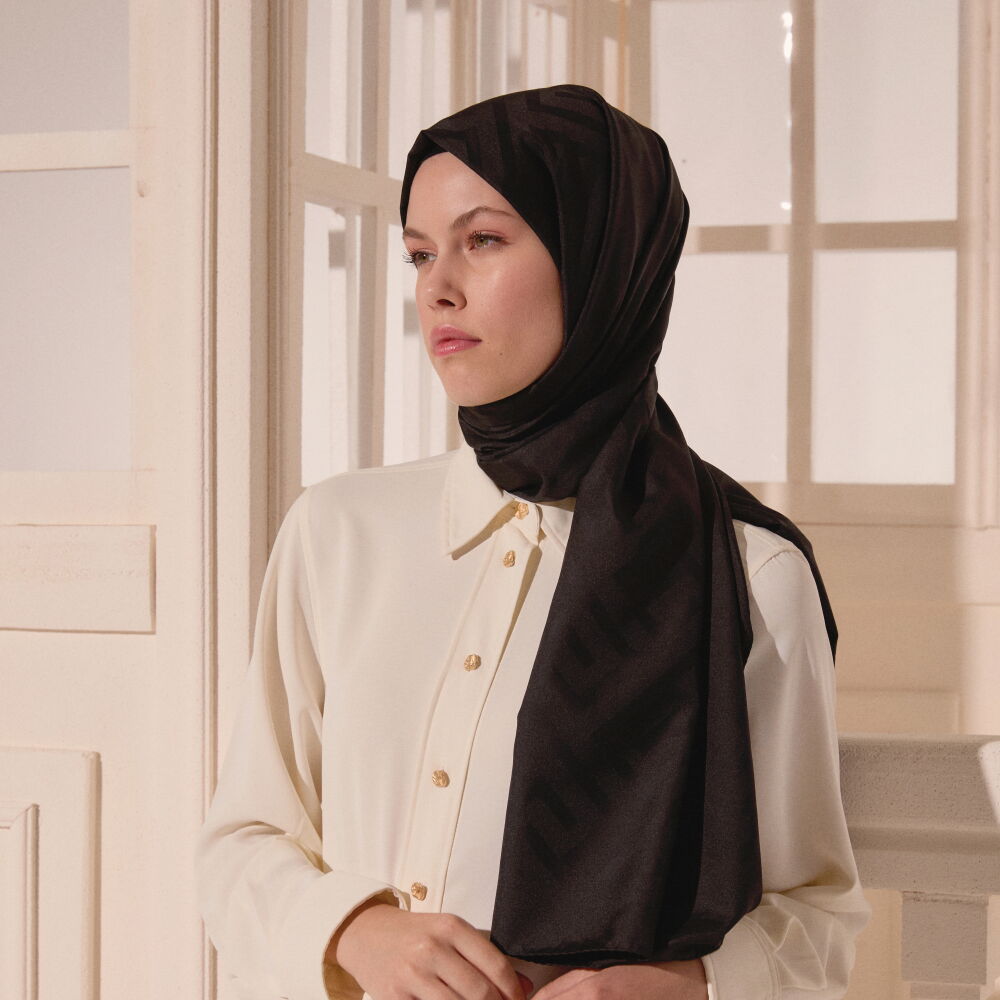 Black G Pattern Jacquard Wool Silk Scarf - Vismara