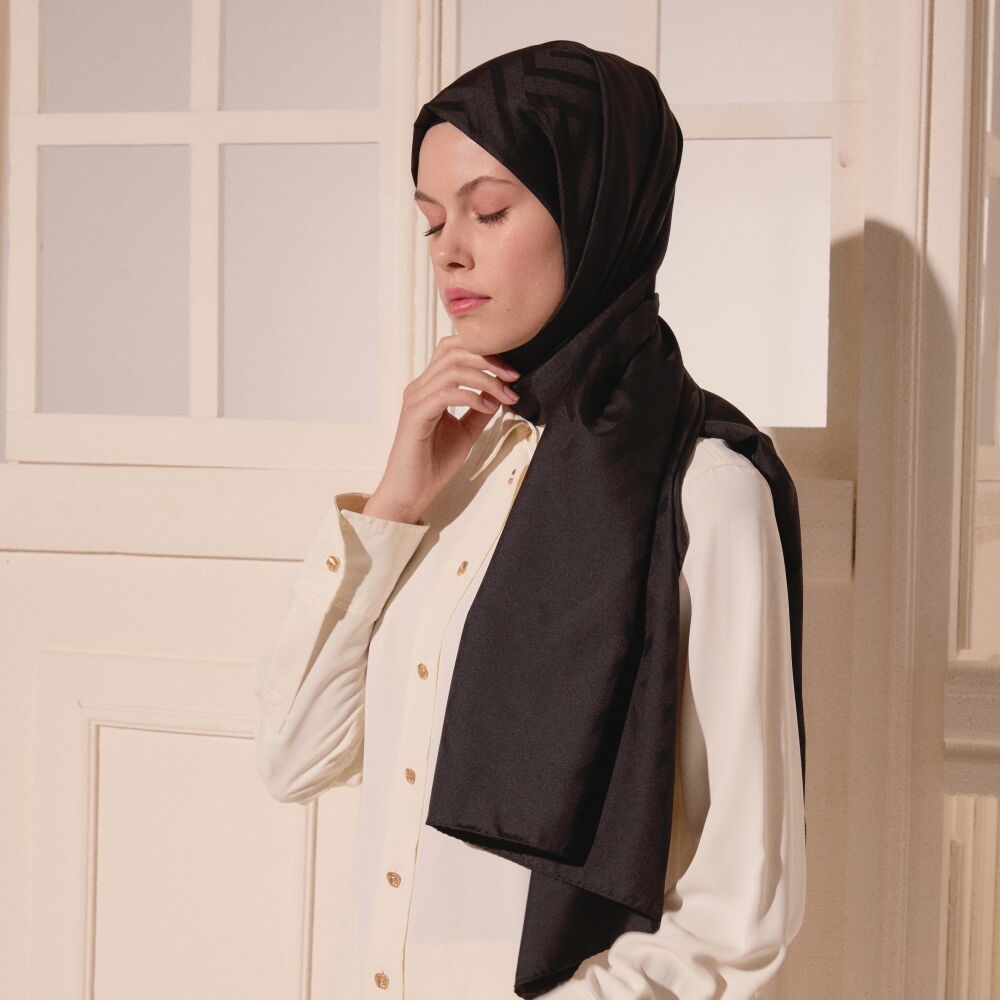 Black G Pattern Jacquard Wool Silk Scarf - Vismara