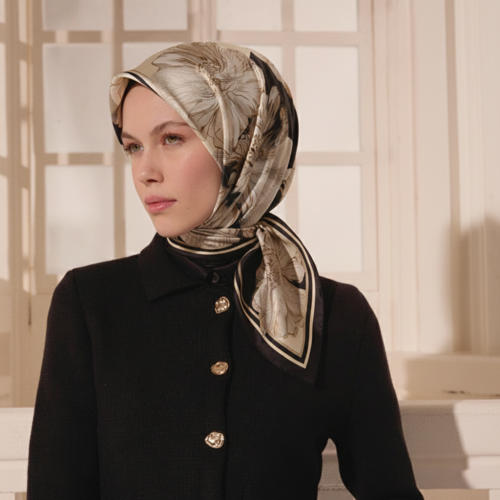 Black Linea Fiora Pattern Twill Silk Square Scarf - 3