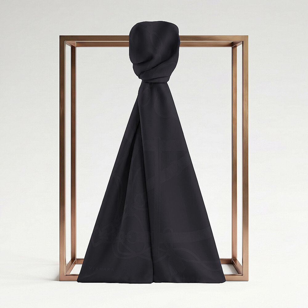 Black Monarque Chain Pattern Jacquard Cotton Silk Scarf - 1
