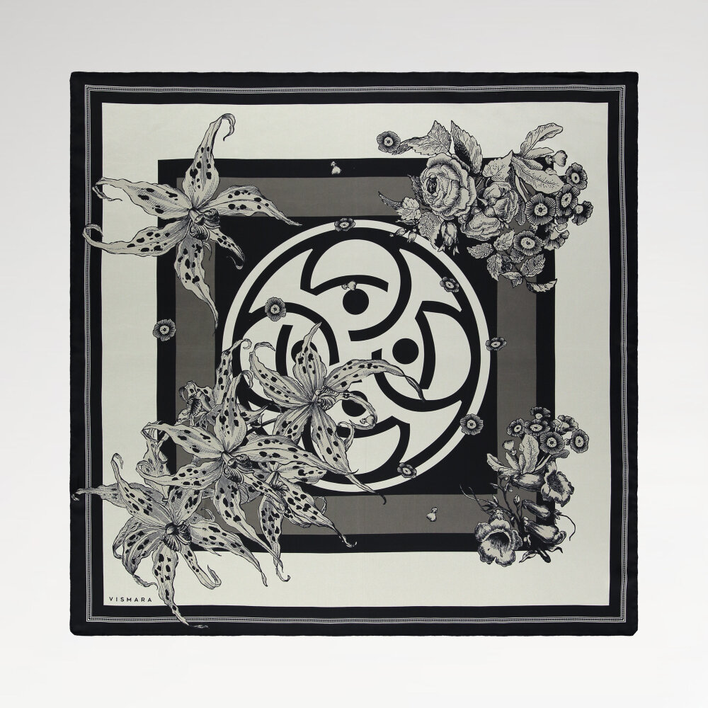 Black Monogram Flora Patterned Silk Square Scarf - 1
