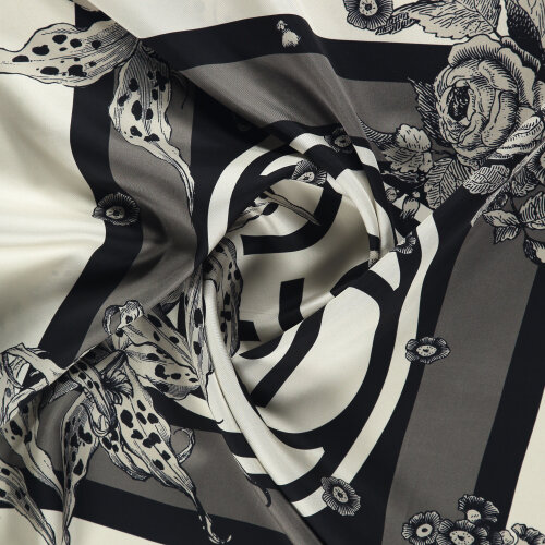 Black Monogram Flora Patterned Silk Square Scarf - Vismara