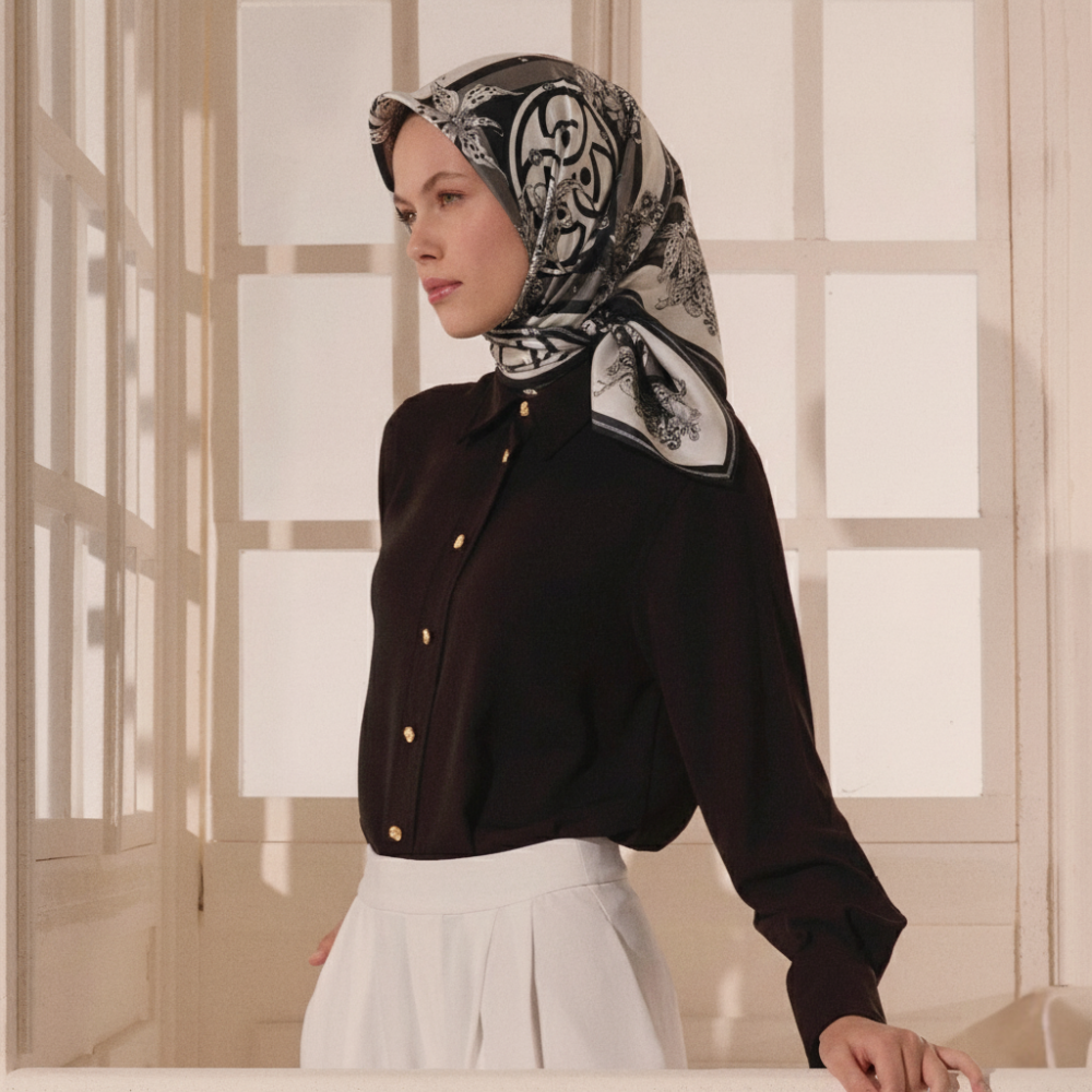 Black Monogram Flora Patterned Silk Square Scarf - 3