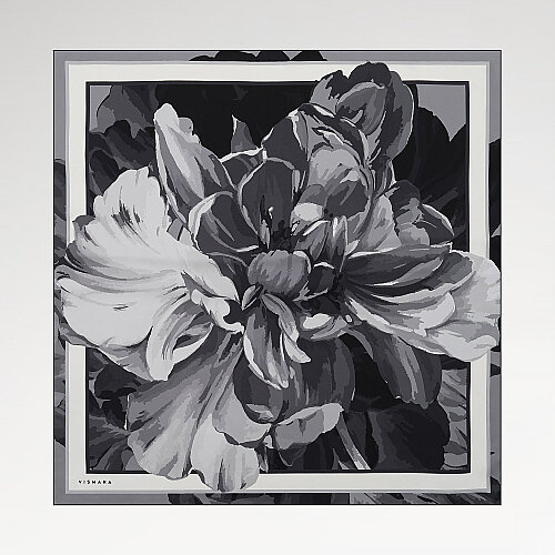 Black Peony Flower Patterned Twill Silk Square Scarf