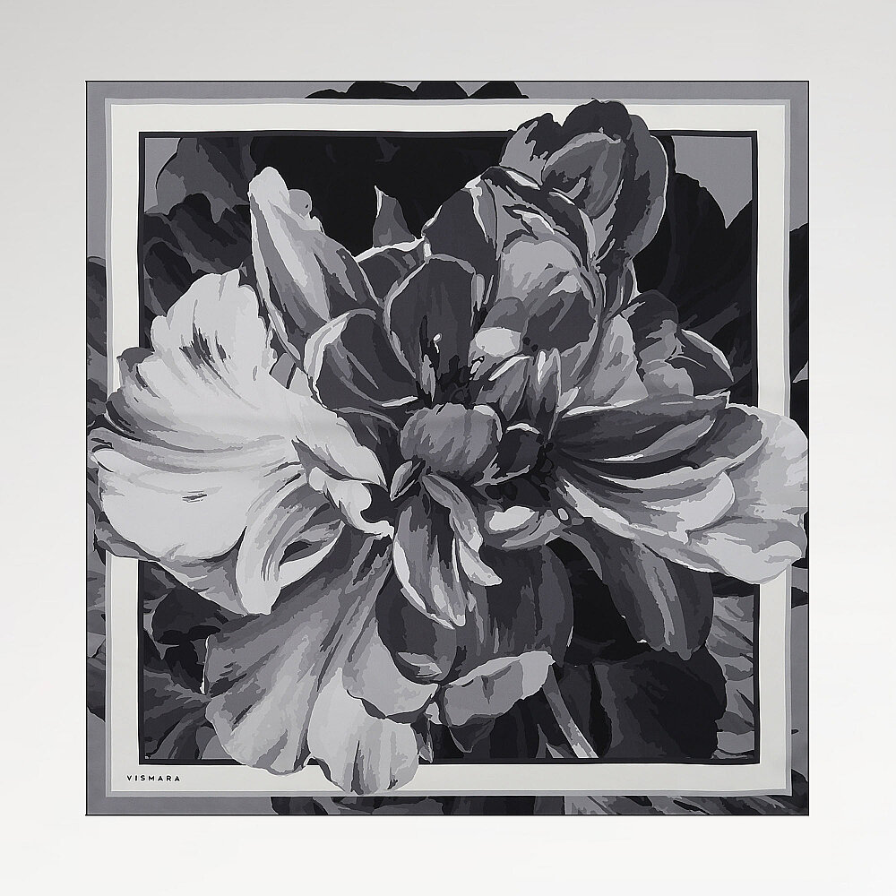 Black Peony Flower Patterned Twill Silk Square Scarf - 1