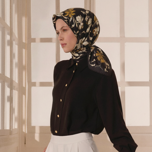 Black Stilltone Pattern Twill Silk Square Scarf - Vismara