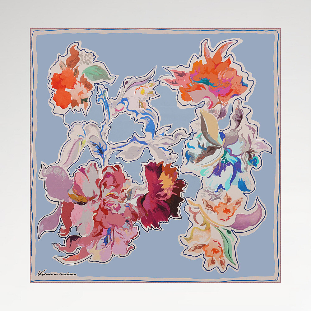 Blue Abstract Flora Pattern Twill Silk Square Scarf - 1