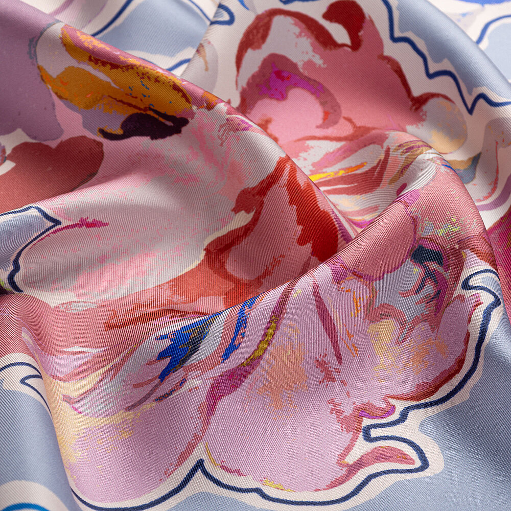 Blue Abstract Flora Pattern Twill Silk Square Scarf - 2