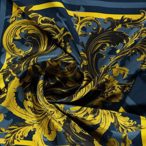 Blue and Aqua Green Baroque Ivy Patterned Silk Square Scarf - Vismara