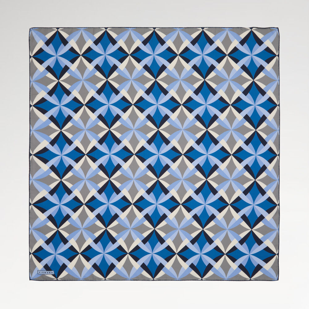 Blue Antique Mosaic Patterned Twill Silk Square Scarf