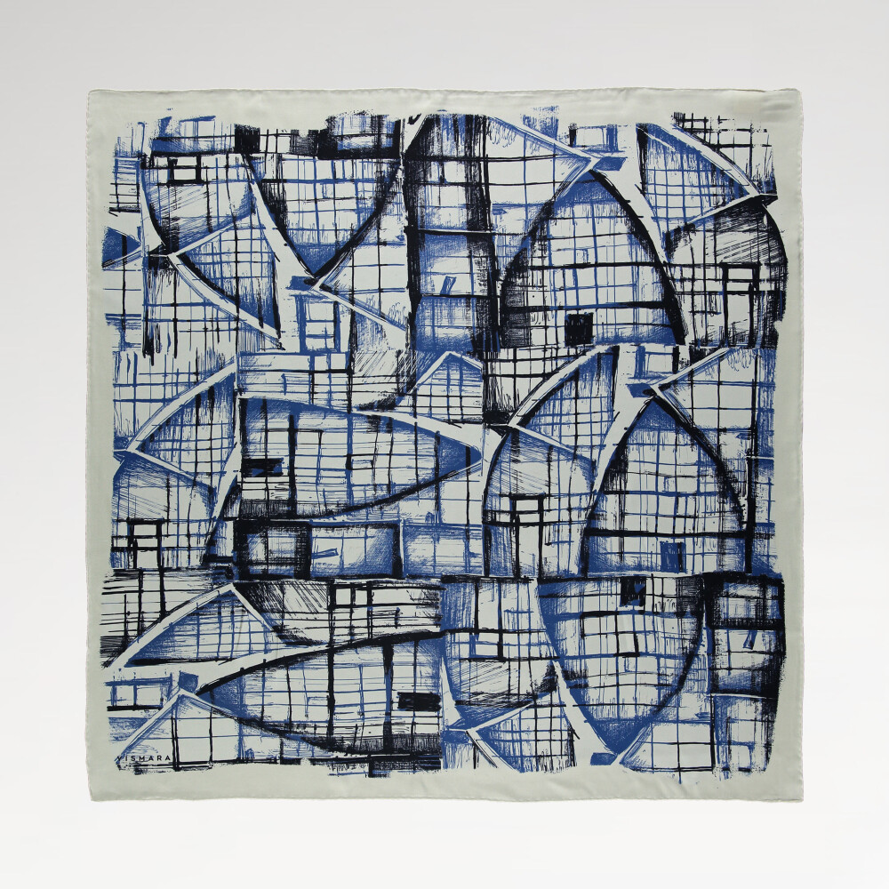 Blue Contour Pattern Twill Silk Square Scarf