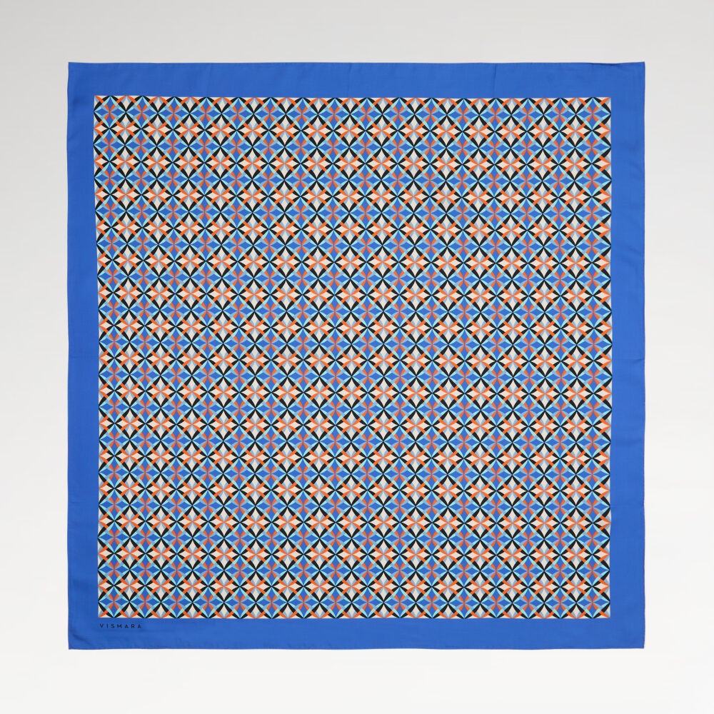 Blue Diamond Line Retro Pattern Twill Silk Square Scarf