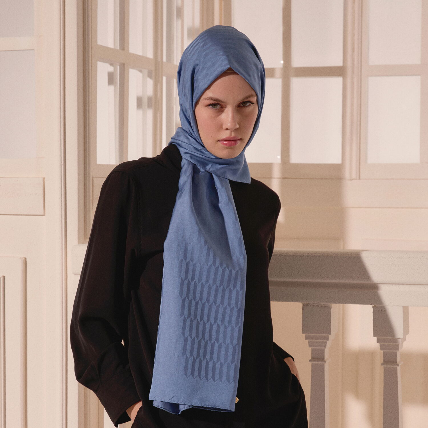 Blue Drop Pattern Jacquard Wool Silk Scarf - 3