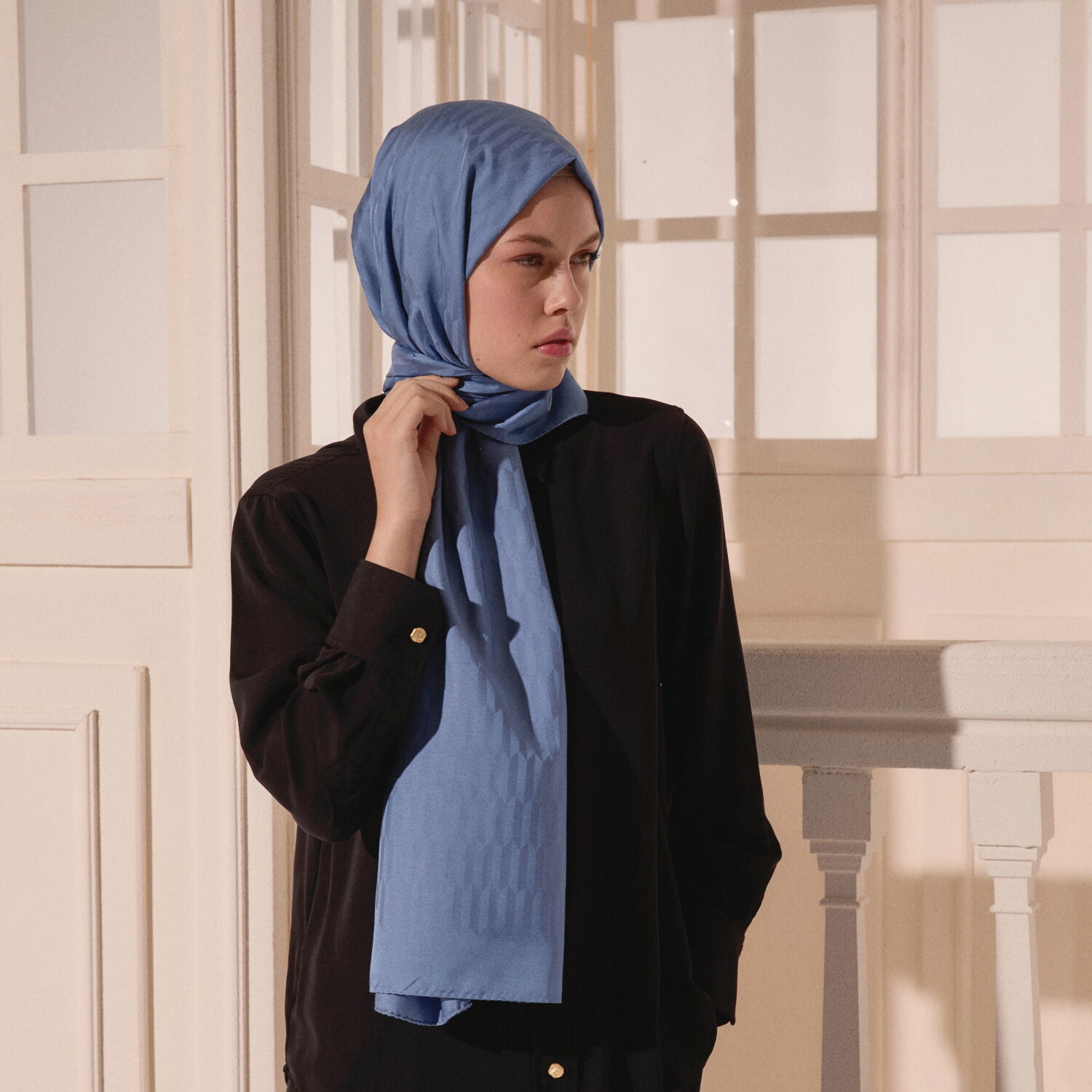 Blue Drop Pattern Jacquard Wool Silk Scarf - 4