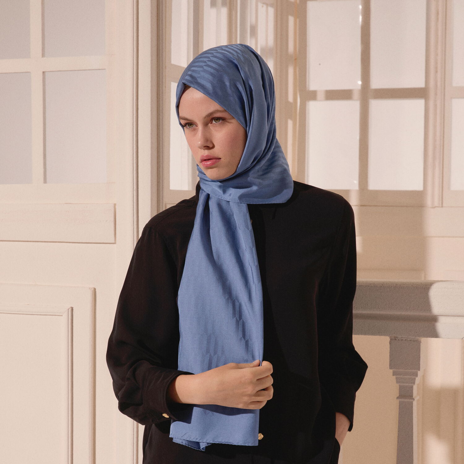 Blue Drop Pattern Jacquard Wool Silk Scarf - 5