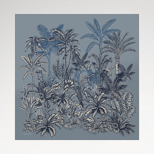 Blue Exotic Oasis Patterned Twill Silk Square Scarf