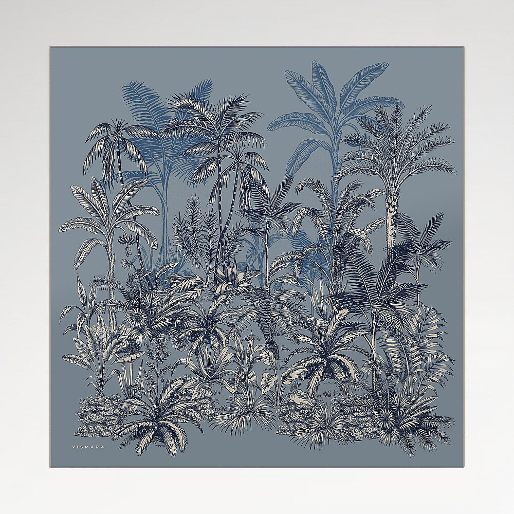 Blue Exotic Oasis Patterned Twill Silk Square Scarf - 1