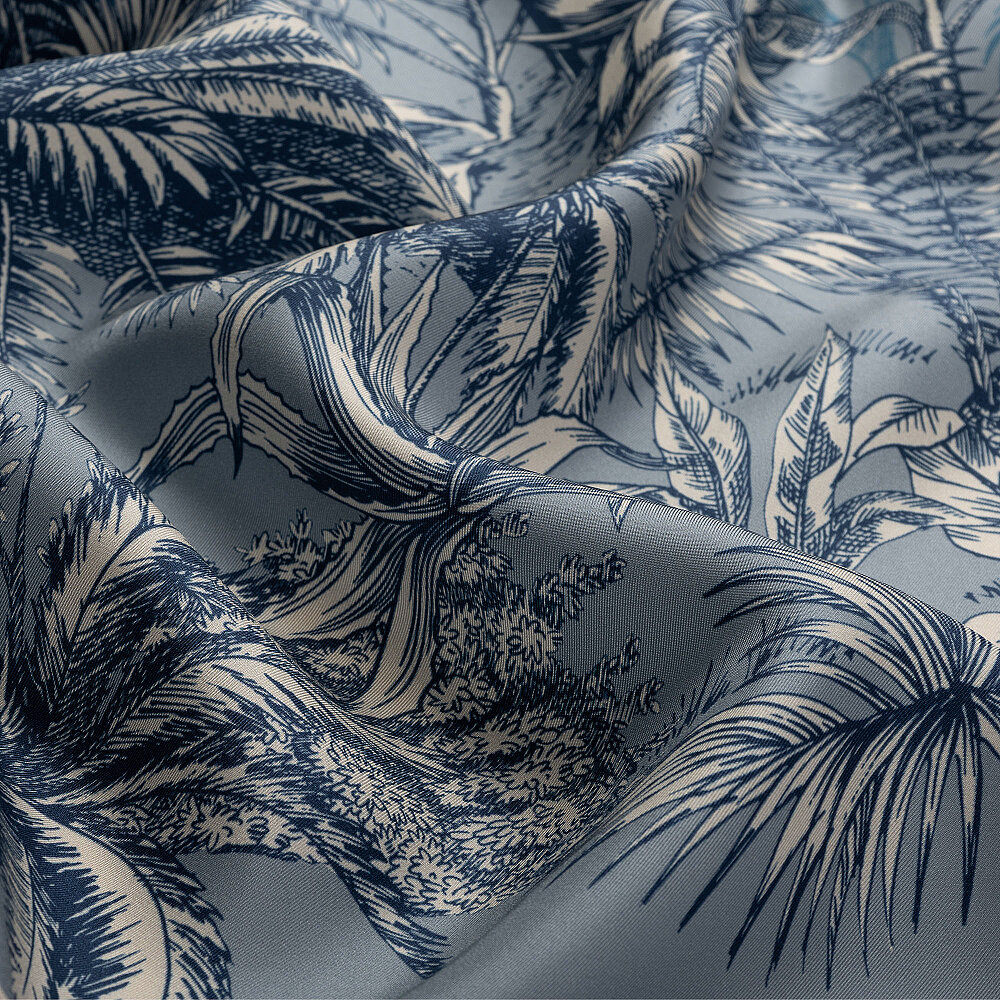 Blue Exotic Oasis Patterned Twill Silk Square Scarf - 2