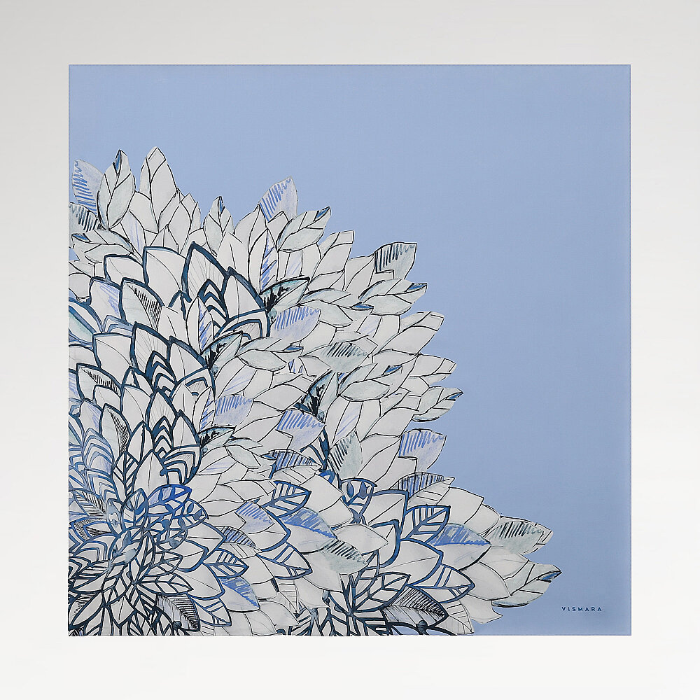 Blue Floral Leaf Pattern Twill Silk Square Scarf - 1