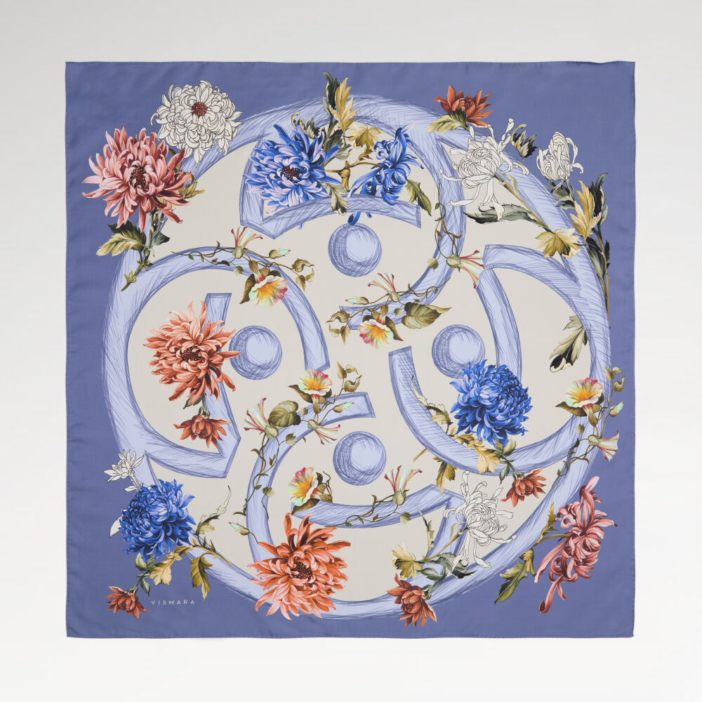 Blue Flower Magic Patterned Twill Silk Square Scarf