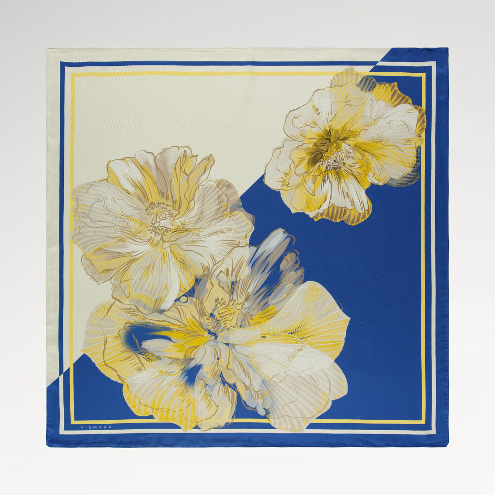 Blue Linea Fiora Pattern Twill Silk Square Scarf