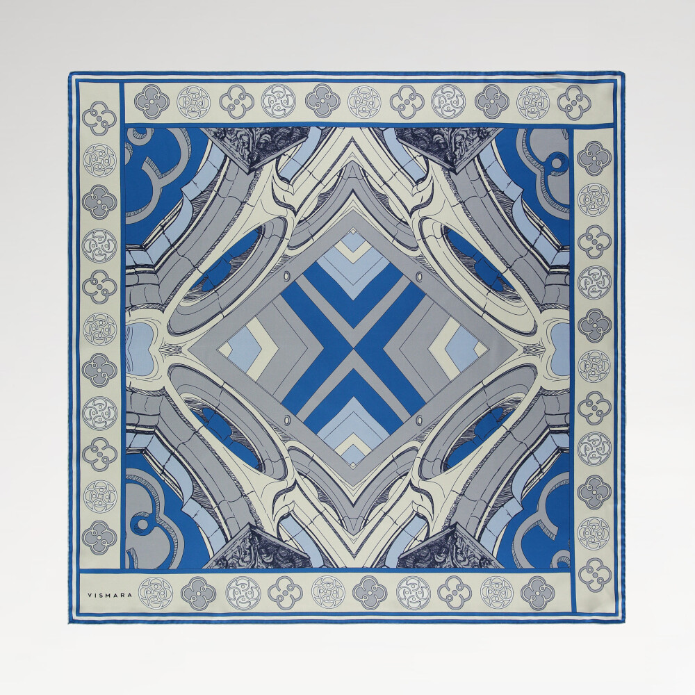 Blue Linear Columns Patterned Twill Silk Square Scarf