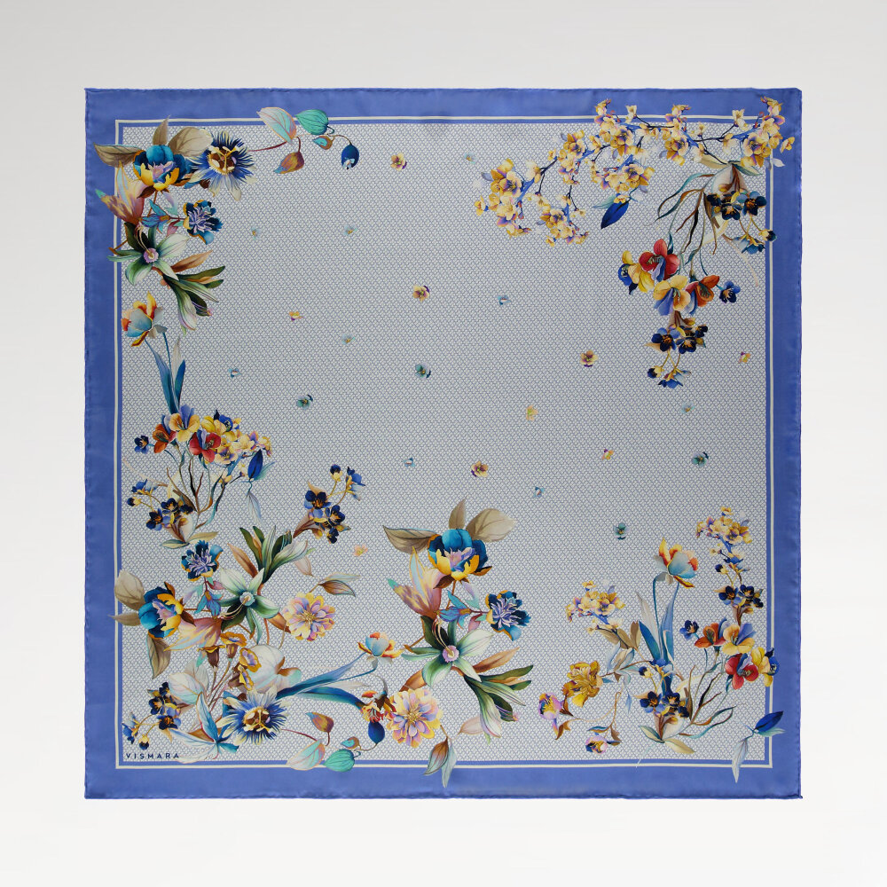 Blue Monogram Flower Garden Patterned Silk Square Scarf - 1