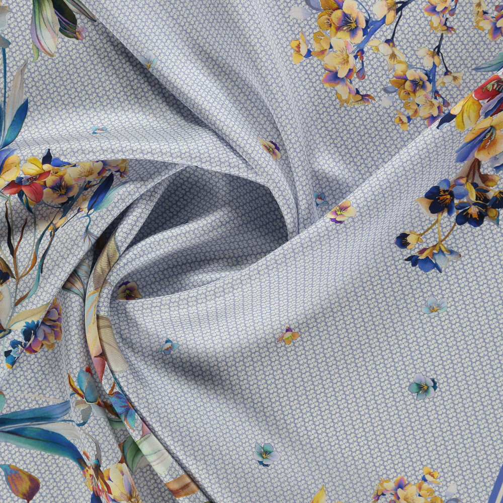 Blue Monogram Flower Garden Patterned Silk Square Scarf - 2