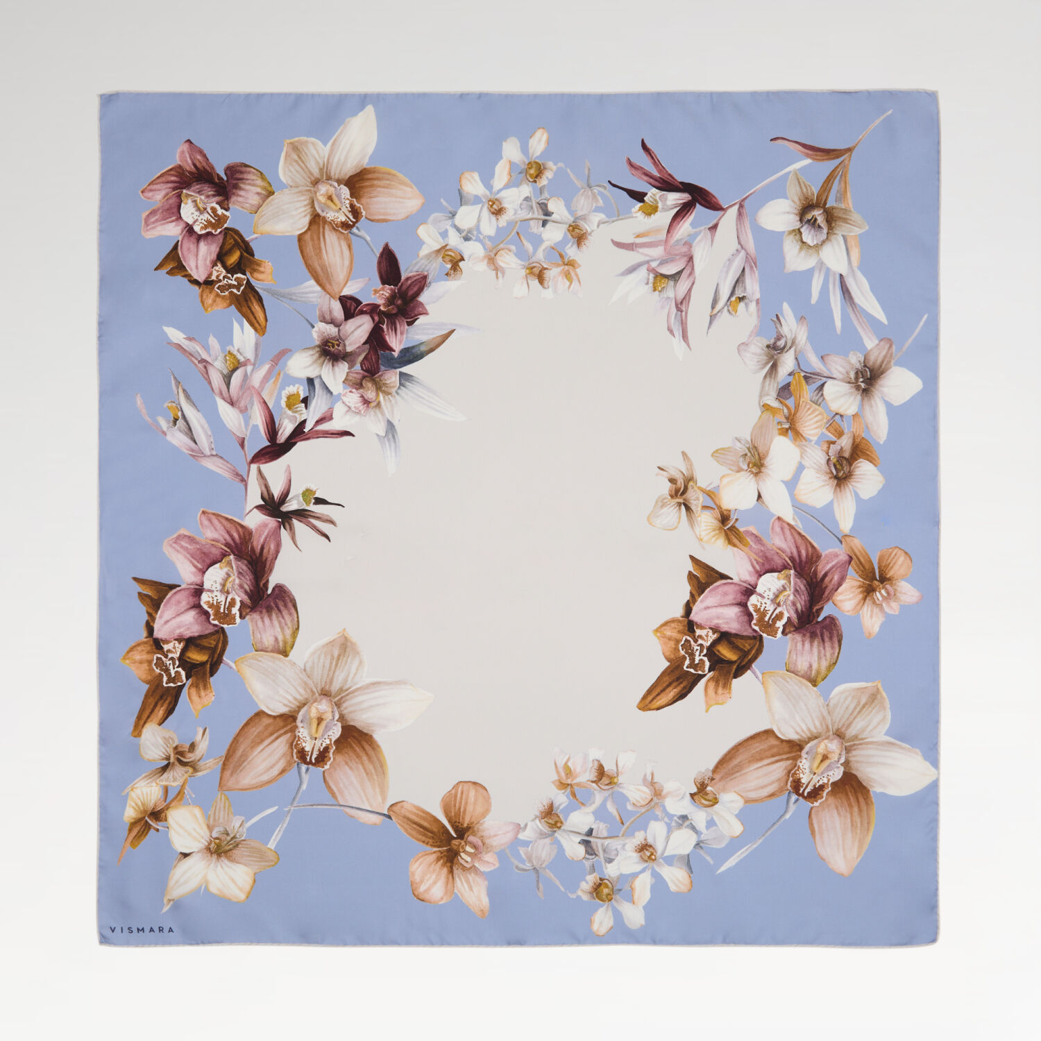 Blue Orchid Flower Patterned Twill Silk Square Scarf - 1