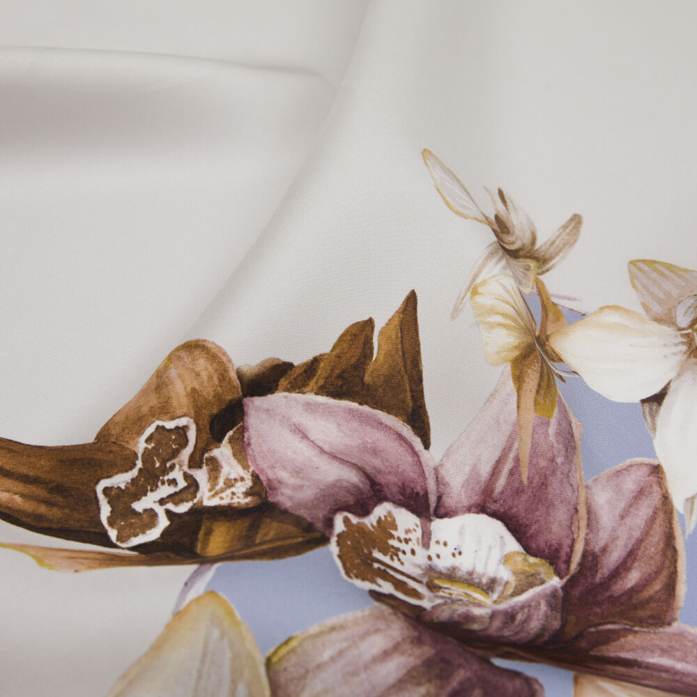 Blue Orchid Flower Patterned Twill Silk Square Scarf - Vismara