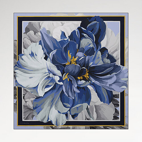 Blue Peony Patterned Twill Silk Square Scarf