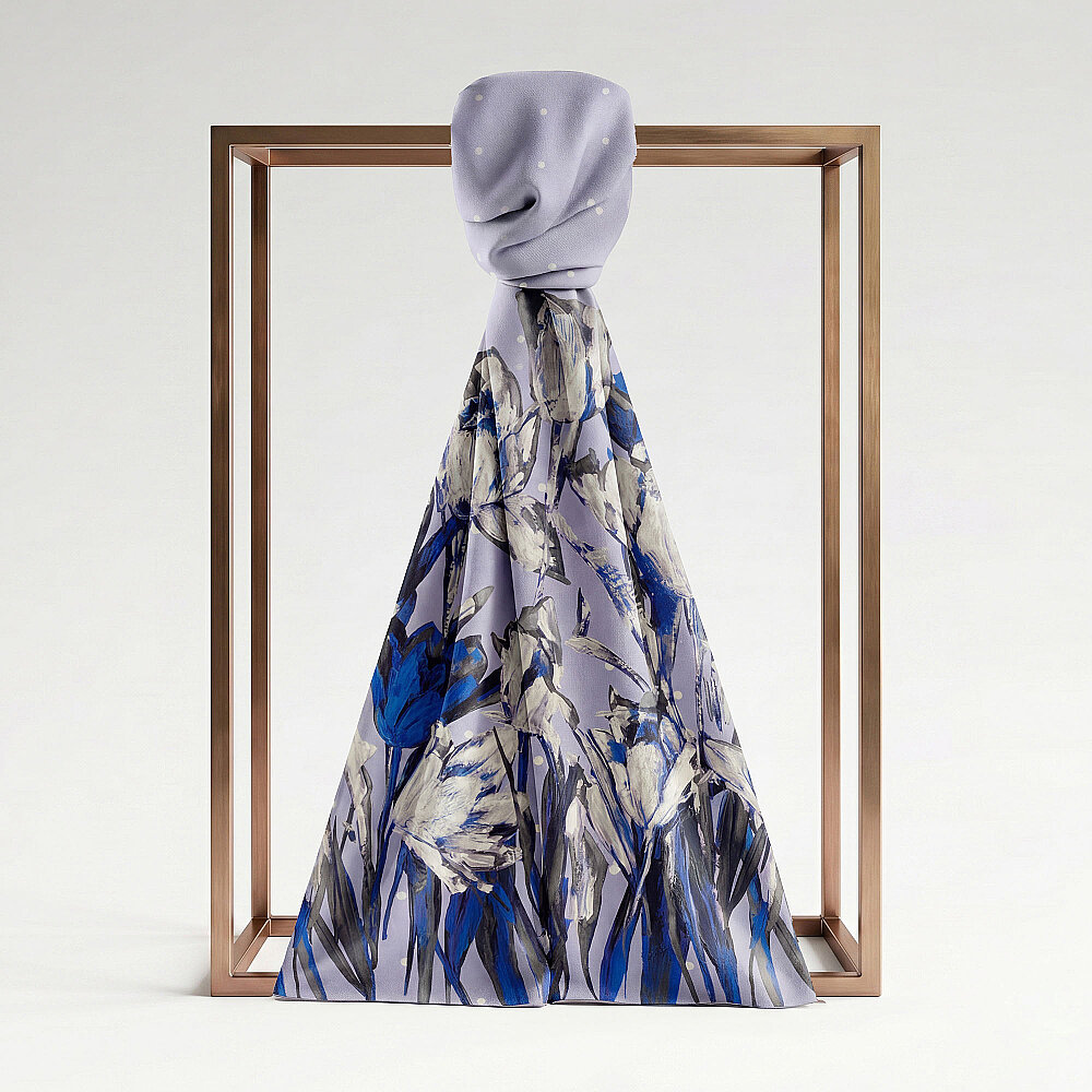 Blue Polka Dot Tulip Garden Pattern Silk Scarf - 1