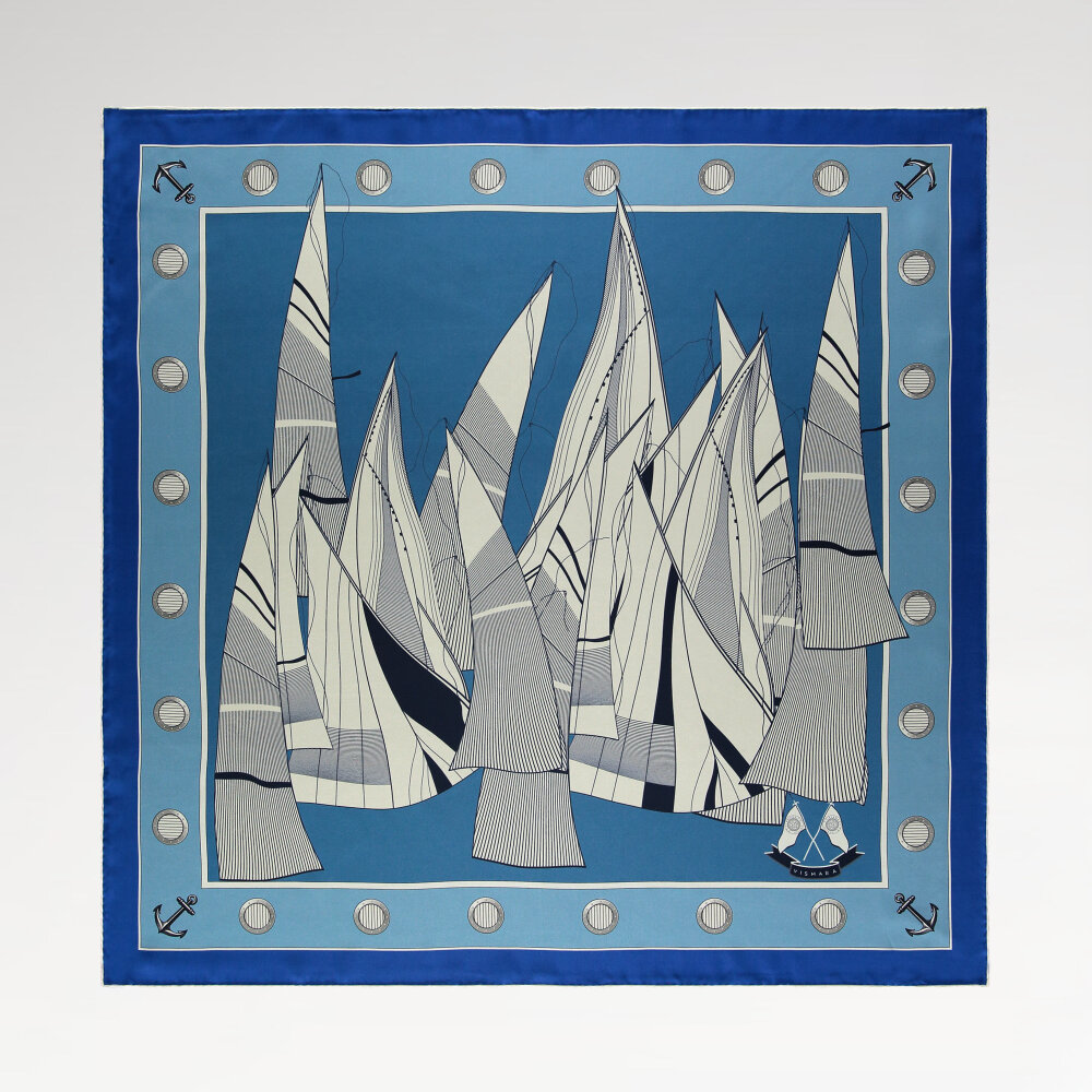 Blue Sail Patterned Silk Square Scarf - 1
