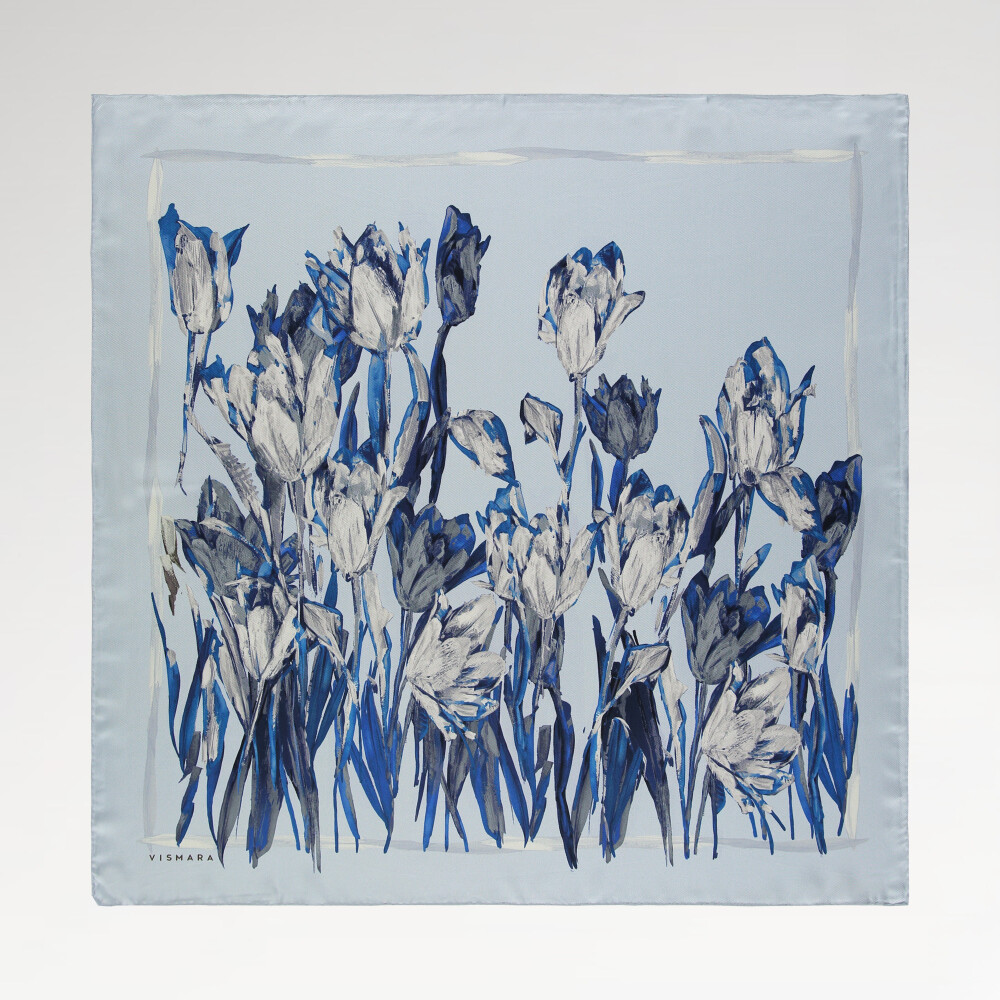 Blue Tulip Garden Pattern Twill Silk Square Scarf