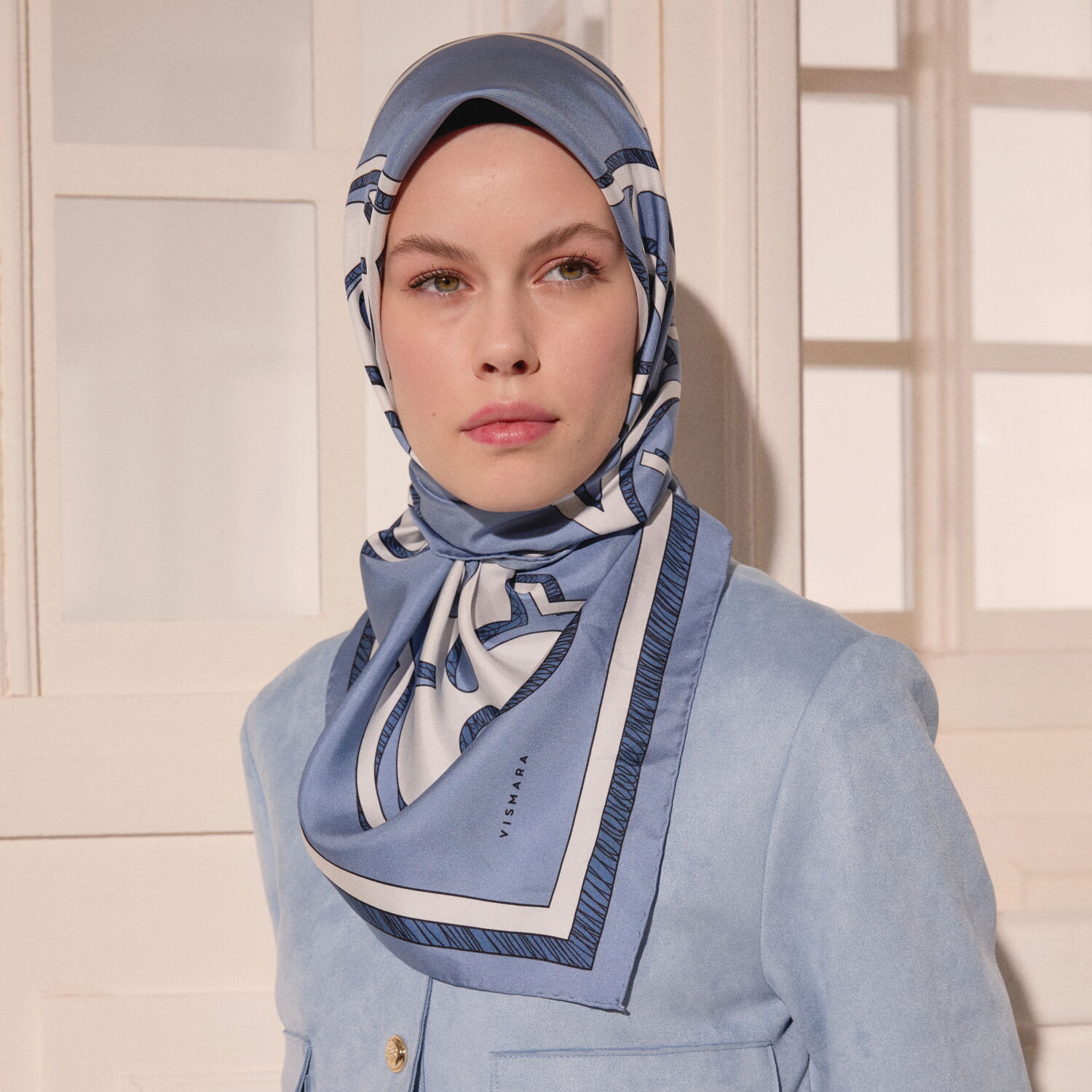 Blue Vismara Monogram Patterned Twill Silk Square Scarf - 3