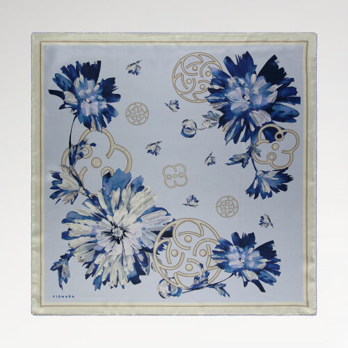 Blue Vismara Spring Flower Patterned Silk Square Scarf