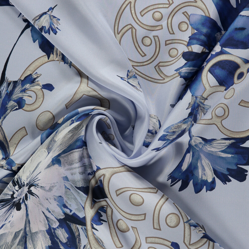Blue Vismara Spring Flower Patterned Silk Square Scarf - 2