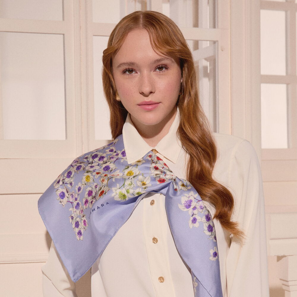 Blue Watercolor Floral Pattern Twill Silk Square Scarf - Vismara