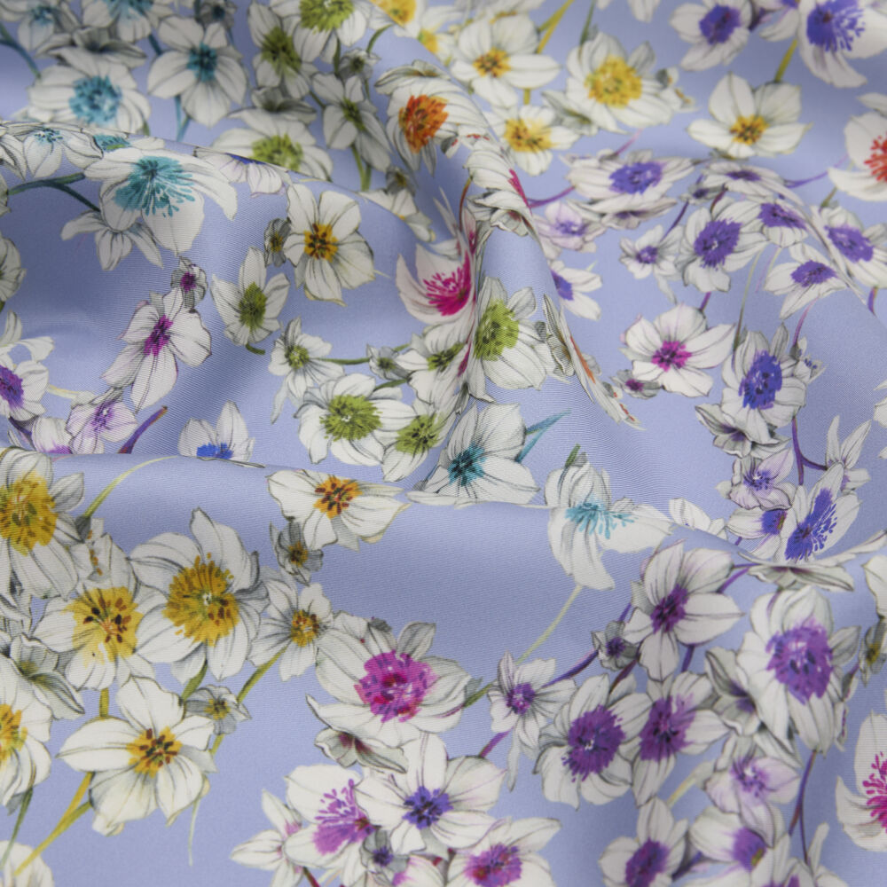 Blue Watercolor Floral Pattern Twill Silk Square Scarf - Vismara